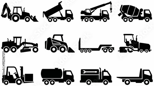 Collection of industrial vehicles and heavy machinery silhouettes on a plain white background