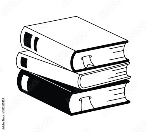 Stack of Three Books with Bookmarks, Black and White