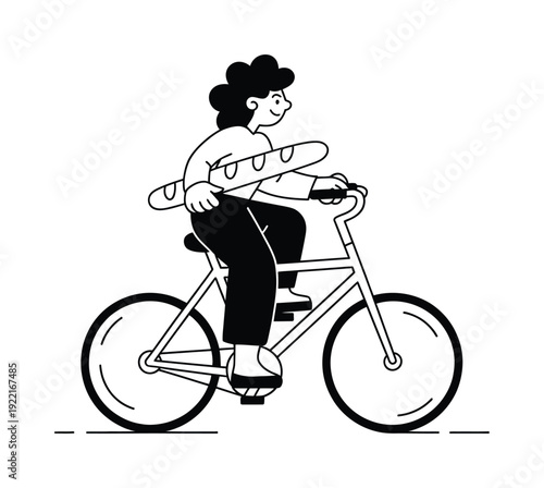 Stylized of a person riding a bicycle with a baguette