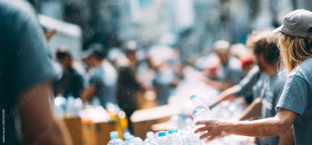 Obraz premium Group of relief workers distributing water bottles to people in need