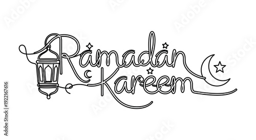 A black and white illustration displays the arabic calligraphy for ramadan kareem with decorative elements high quality professional