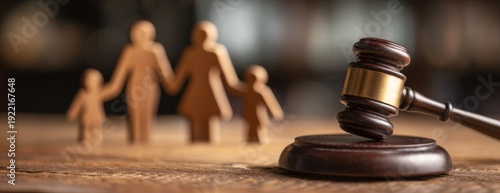Family silhouette holding hands with gavel in foreground on wooden table  