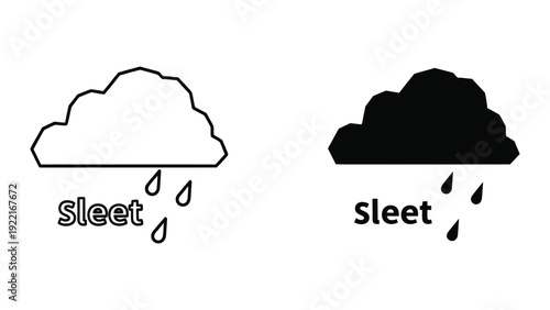 Sleet weather icons, black and white clouds with rain.