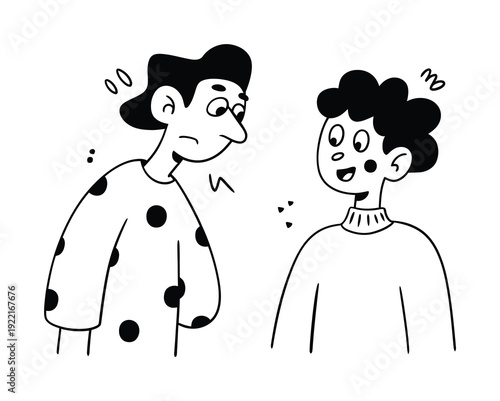 Two cartoon characters in a conversation, one looks worried, the other happy