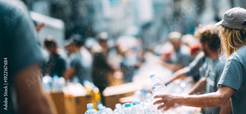 Group of relief workers distributing water bottles to people in need  