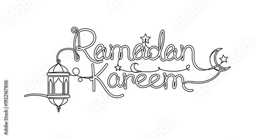 A delicate black and white illustration depicts the words Ramadan Kareem with decorative stars and a lantern high quality professional