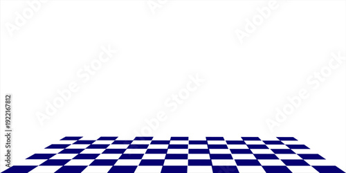 Checkerboard, chessboard, checkered plane in angle perspective. Tilted, vanishing empty floor.