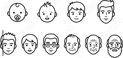 Male Face Age Stages Icons Set Baby Boy Teen Adult Senior Old Man Line Avatars