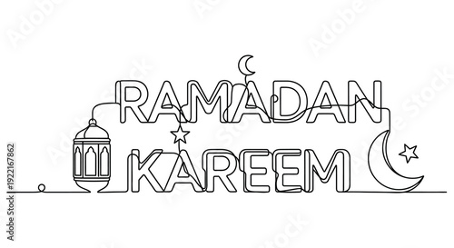A minimalist line drawing features the text ramadan kareem with crescent moons and a lantern high quality professional