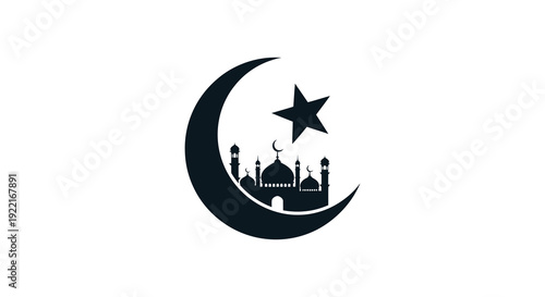 A striking black silhouette showcases a crescent moon star and mosque skyline representing islamic faith and culture