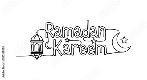 A delicate black and white line drawing spells out Ramadan Kareem with a crescent moon and lantern