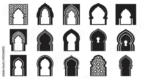A collection of ornate geometric archways in varying styles and shades presenting architectural motifs high quality professional detailed