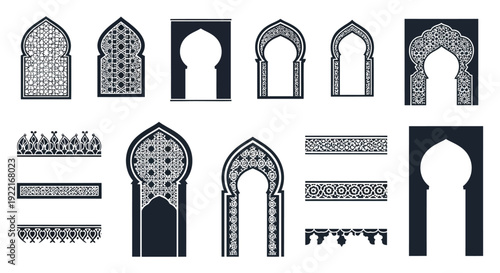 An assortment of intricately designed islamic arches and ornamental elements displayed in black and white high quality professional