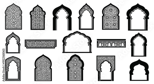 An arrangement of intricately designed islamic arches and decorative window frames in black and white high quality professional