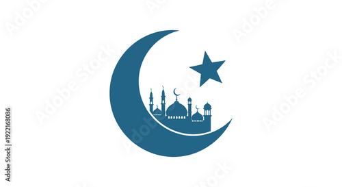 A dark teal crescent moon and star silhouette features a mosque skyline representing islamic faith and culture