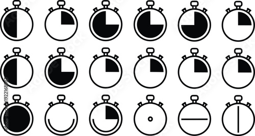 Stopwatch Timer Progress Icons Set Minimal Chronometer Countdown Time Measurement Symbols