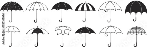 Umbrella icon set featuring twelve unique designs with varied canopy shapes, patterns, and handles, perfect for weather, fashion, decorative, and design projects