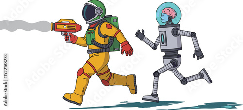 Astronaut with Ray Gun and Robot with Brain in Glass Dome Running on  of Science Fiction Adventure, Space Exploration, Human-AI Cooperation, and Action-Adventure Character Vector Illustration