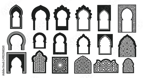 A collection of ornate black and white architectural arches and doorways showcasing various islamic designs high quality professional detailed modern
