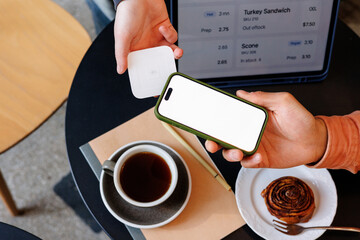 Smartphone Payment at Café Counter phone with white screen  mockup