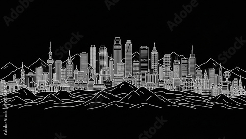 High-quality line art of iconic city skyline with surrounding hills, urban travel concept on black background