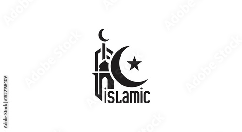 A minimalist graphic depicts an islamic mosque silhouetted with a crescent moon and star emblem high quality professional