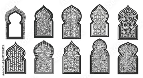 An assortment of intricately designed islamic arches and window frames showcasing geometric patterns and detailed ornamentation high quality