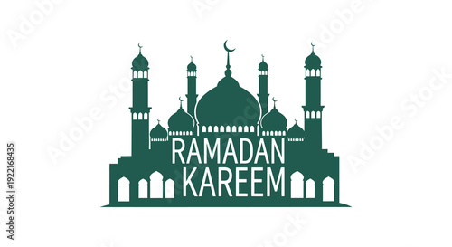 A dark teal silhouette depicts a mosque complex with a crescent moon and the text ramadan kareem
