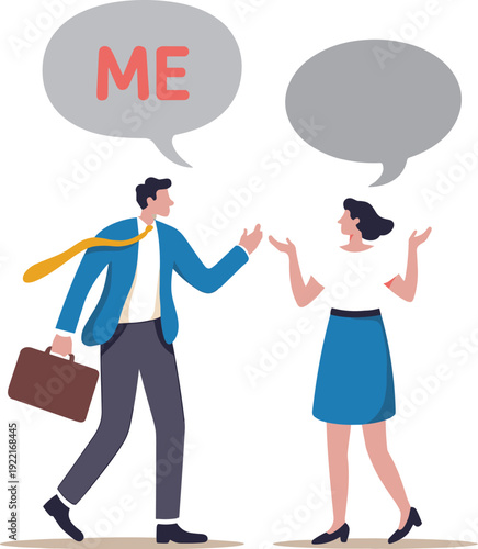 Businessman and Woman Conversing with "ME" in Speech Bubble on a Tan Background, Concept of Narcissism, Egocentric Communication, Unbalanced Dialogue, and Social Psychology Vector Illustration