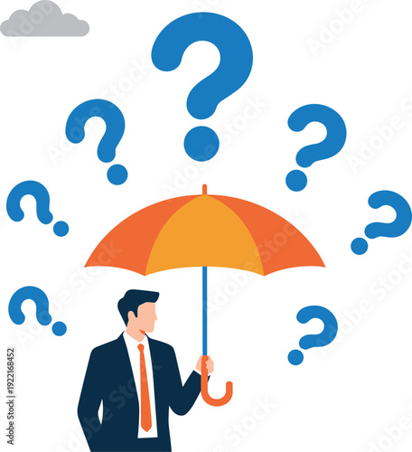 Businessman Holding an Umbrella Shielding Himself from Falling Question Marks , Concept of Risk Management, Strategic Protection, Business Uncertainty, and Insurance Solutions Vector Illustration