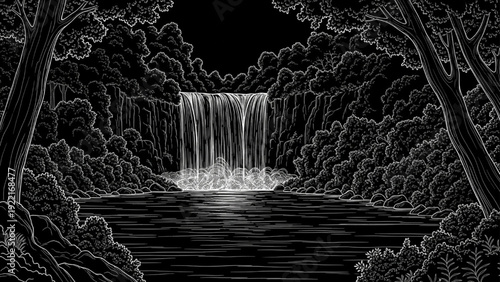 High-quality line art of waterfall cascading into river, tranquil natural scene on black background