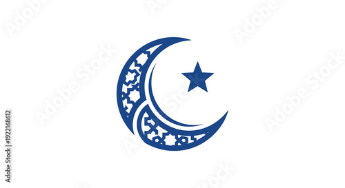 A stylized depiction of an islamic crescent moon and star rendered in a deep blue color scheme