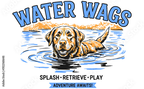 Water Wags dog club illustration. Golden Retriever swimming in water. Splash, retrieve, play, adventure awaits print design.