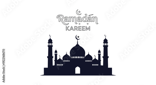 A serene ramadan kareem illustration features a dark blue mosque silhouette and crescent moons high quality professional detailed