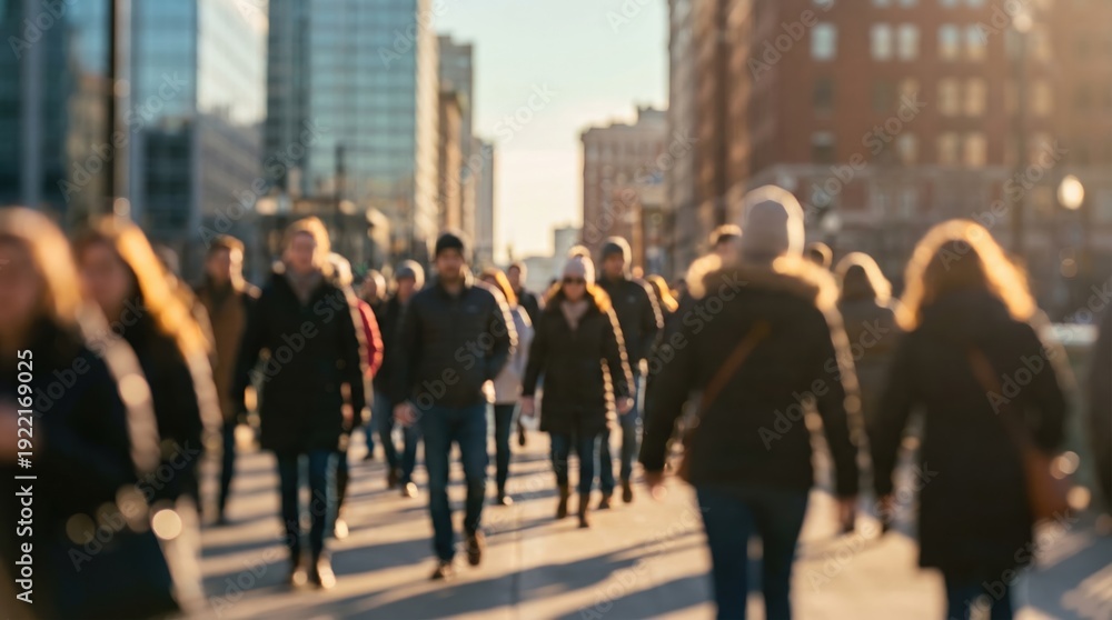 Obraz premium Blurred diverse group of pedestrians walking on a busy city street during golden hour with bokeh effect for urban life and commuting concepts.