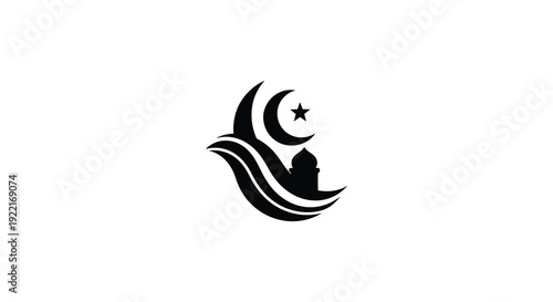 A stylized black silhouette depicts a crescent moon a star and a mosque representing islamic symbolism high quality