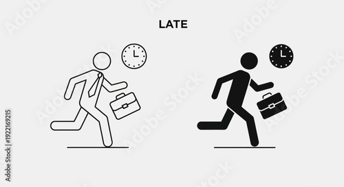 Late Running Businessman Icons – Time Management Hurry Concept Outline and Solid