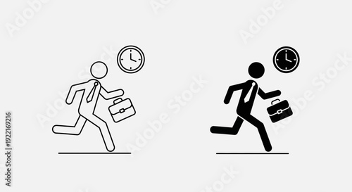 Late Running Businessman Icons – Time Management Hurry Concept Outline and Solid