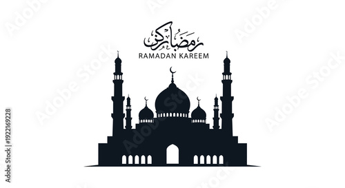 A striking black silhouette showcases a mosque and crescent moon with ramadan kareem calligraphy high quality professional detailed