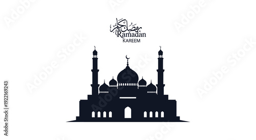 A striking black silhouette showcases a mosque and minarets adorned with elegant ramadan kareem calligraphy high quality professional