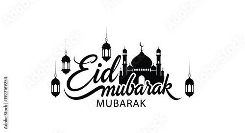 A decorative black and white illustration features the text Eid Mubarak alongside mosque silhouettes and lanterns high quality