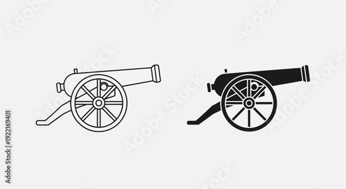 Vintage Cannon Icon Set Vector – Historic Artillery Weapon Illustration Design
