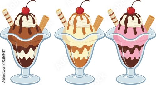 Collection of Chocolate, Vanilla, and Strawberry Ice Cream Sundaes with Whipped Cream and Cherries , Concept of Culinary Indulgence, Confectionery Variety, and Summer Dessert Menu Vector Illustration