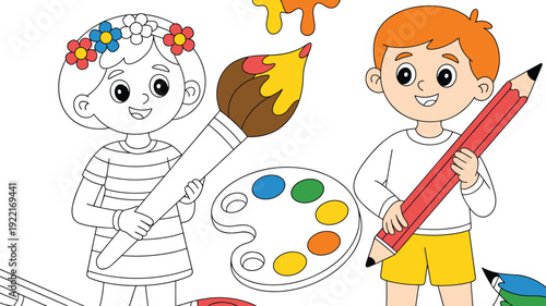 Children Holding a Giant Paintbrush and Pencil with a Color Palette, Concept of Creative Expression, Early Childhood Art Education, Imaginative Play, and Artistic Teamwork Vector Illustration