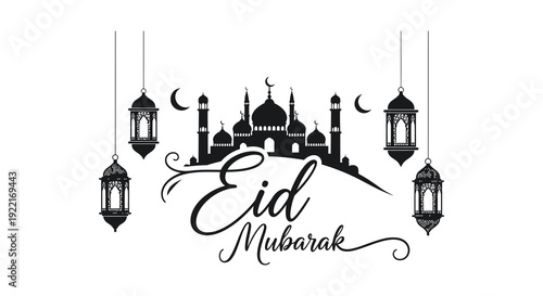 An eid mubarak greeting features a central mosque silhouette ornate lanterns and a crescent moon high quality professional