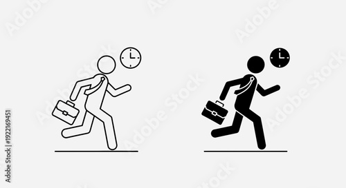 Late Running Businessman Icons – Time Management Hurry Concept Outline and Solid