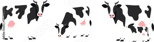 Cute Cartoon Holstein Dairy Cows Set, Standing Grazing and Mother with Calf on Blue Background, Farm Animal Vector Illustration Collection