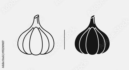 Garlic Bulb Icons – Fresh Organic Vegetable Outline and Solid Illustration