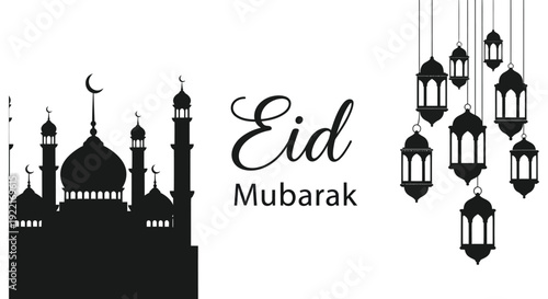 A stylized black silhouette depicts a mosque crescent moon lanterns and the text eid mubarak high quality professional