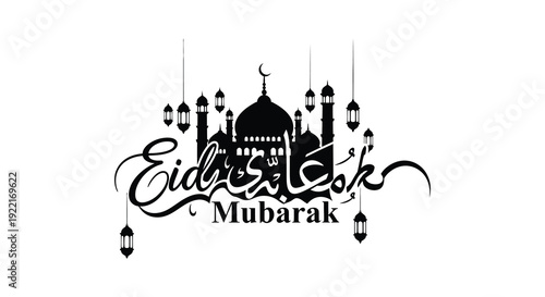 An eid mubarak greeting featuring a black silhouette of a mosque and ornate calligraphy high quality professional detailed